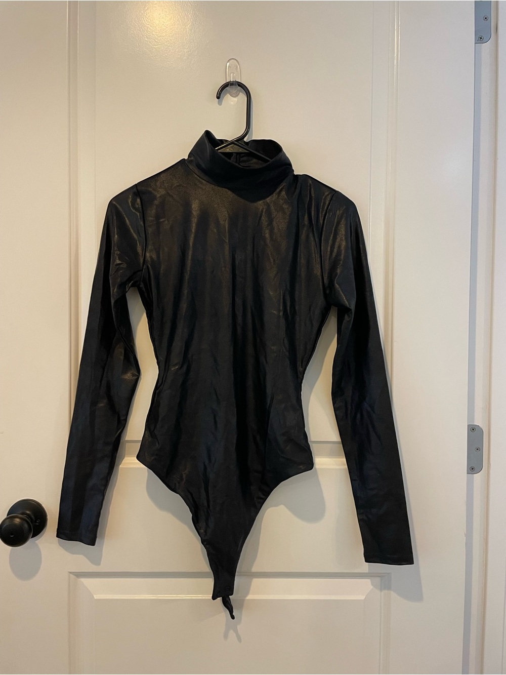 naked wardrobe Black Faux Leather Turtleneck Long Sleeve Bodysuit